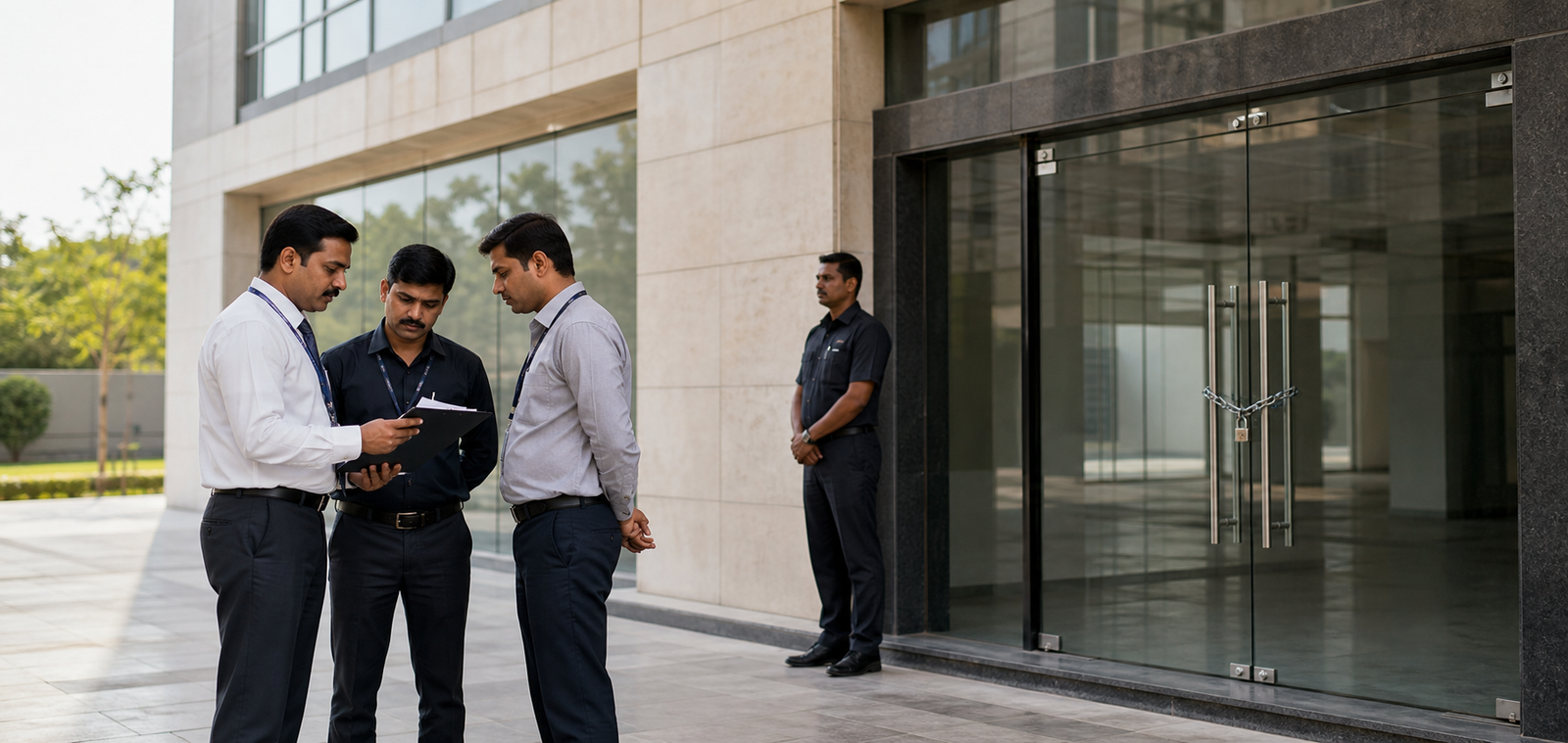 Authorised team coordinating a secured commercial property handover